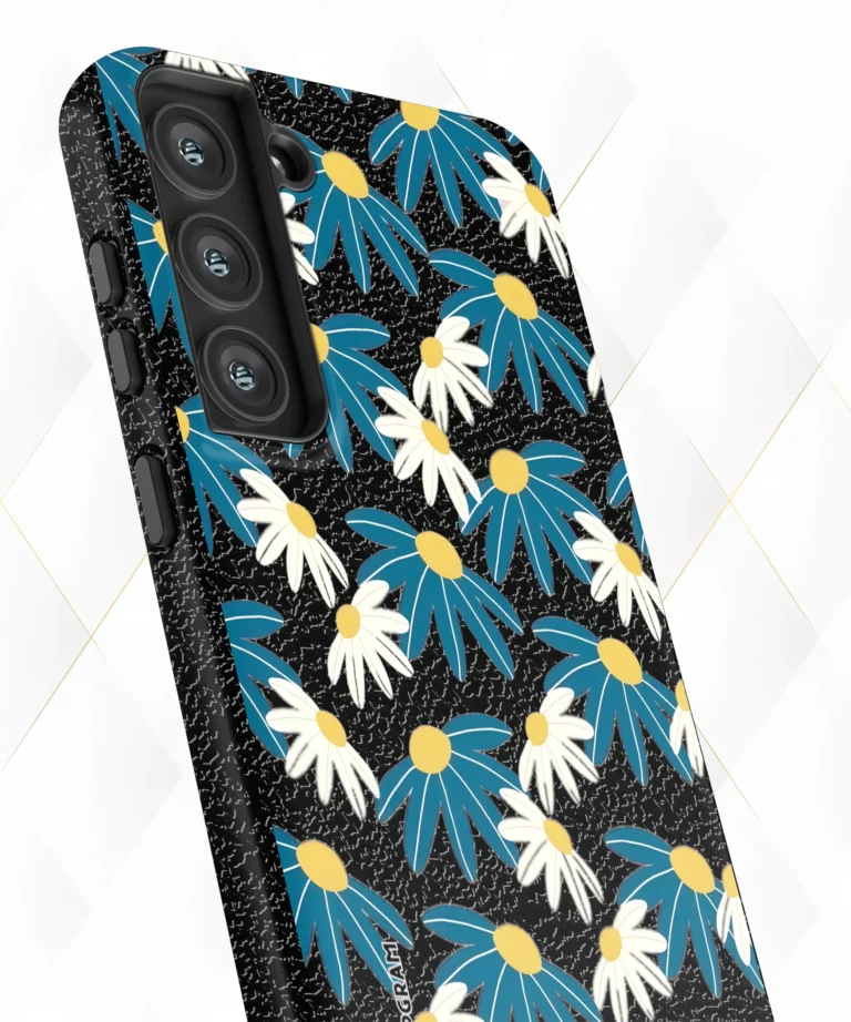 Blue Blooms Black Leather Case