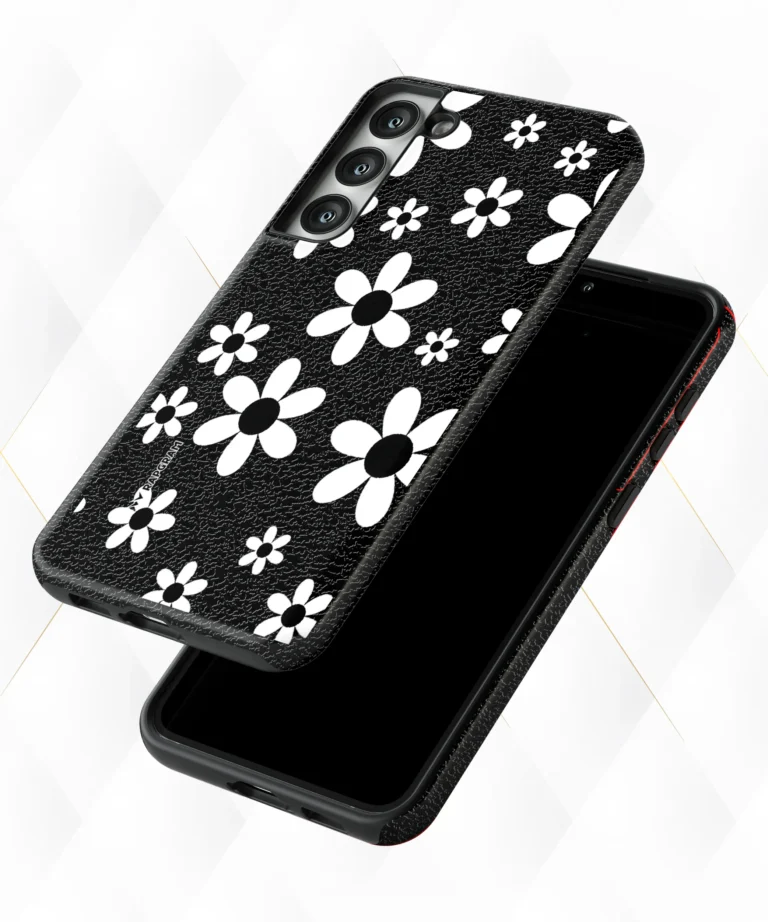 White Florals Black Leather Case