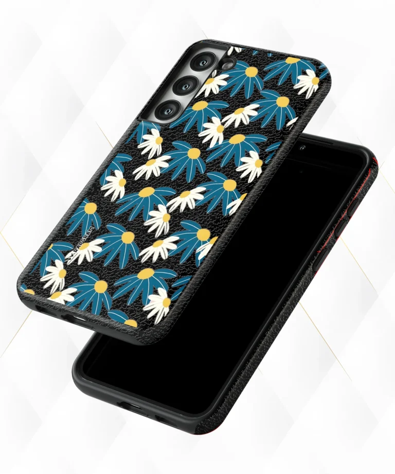 Blue Blooms Black Leather Case