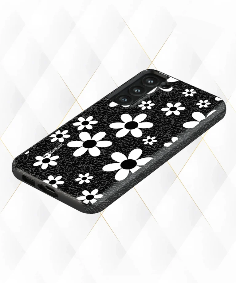 White Florals Black Leather Case