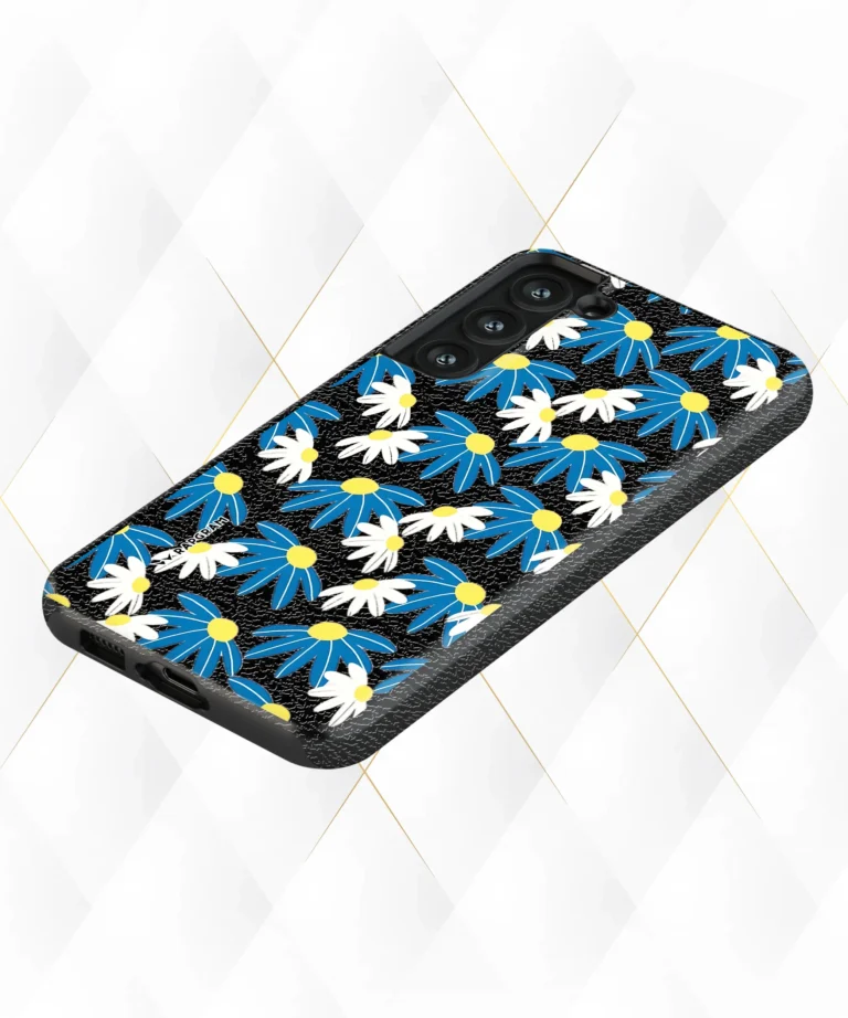 Blue Blooms Black Leather Case