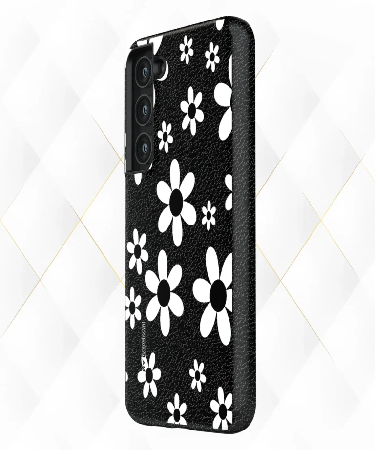 White Florals Black Leather Case