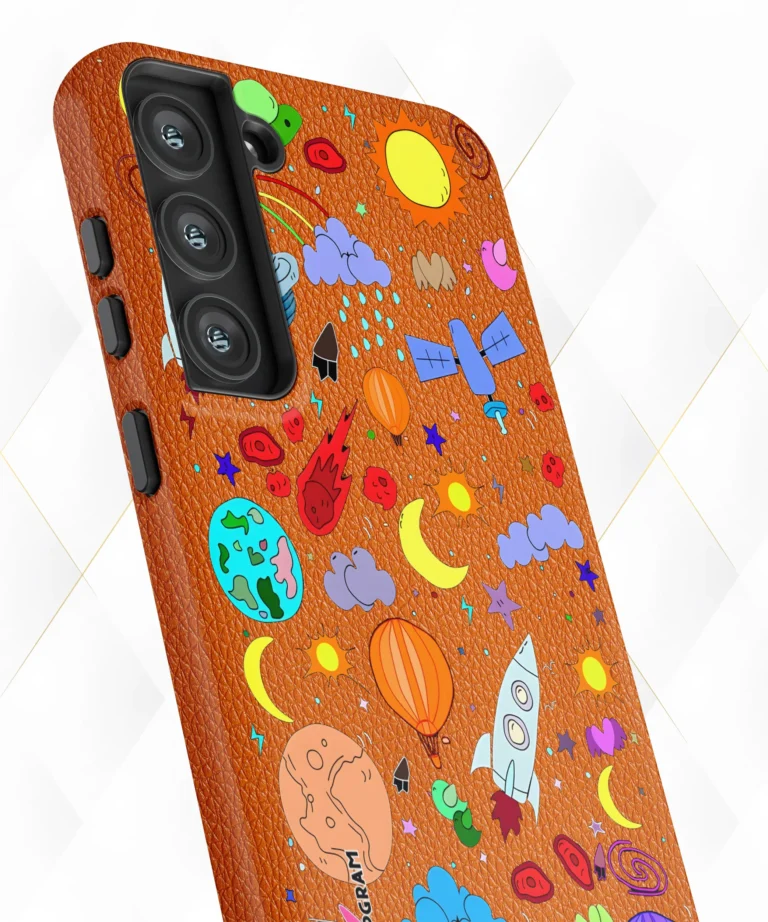 Space Planets Peach Leather Case
