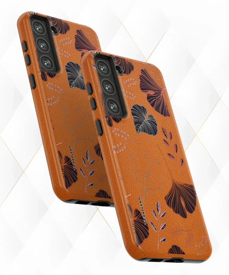 Black Leaves Peach Leather Case